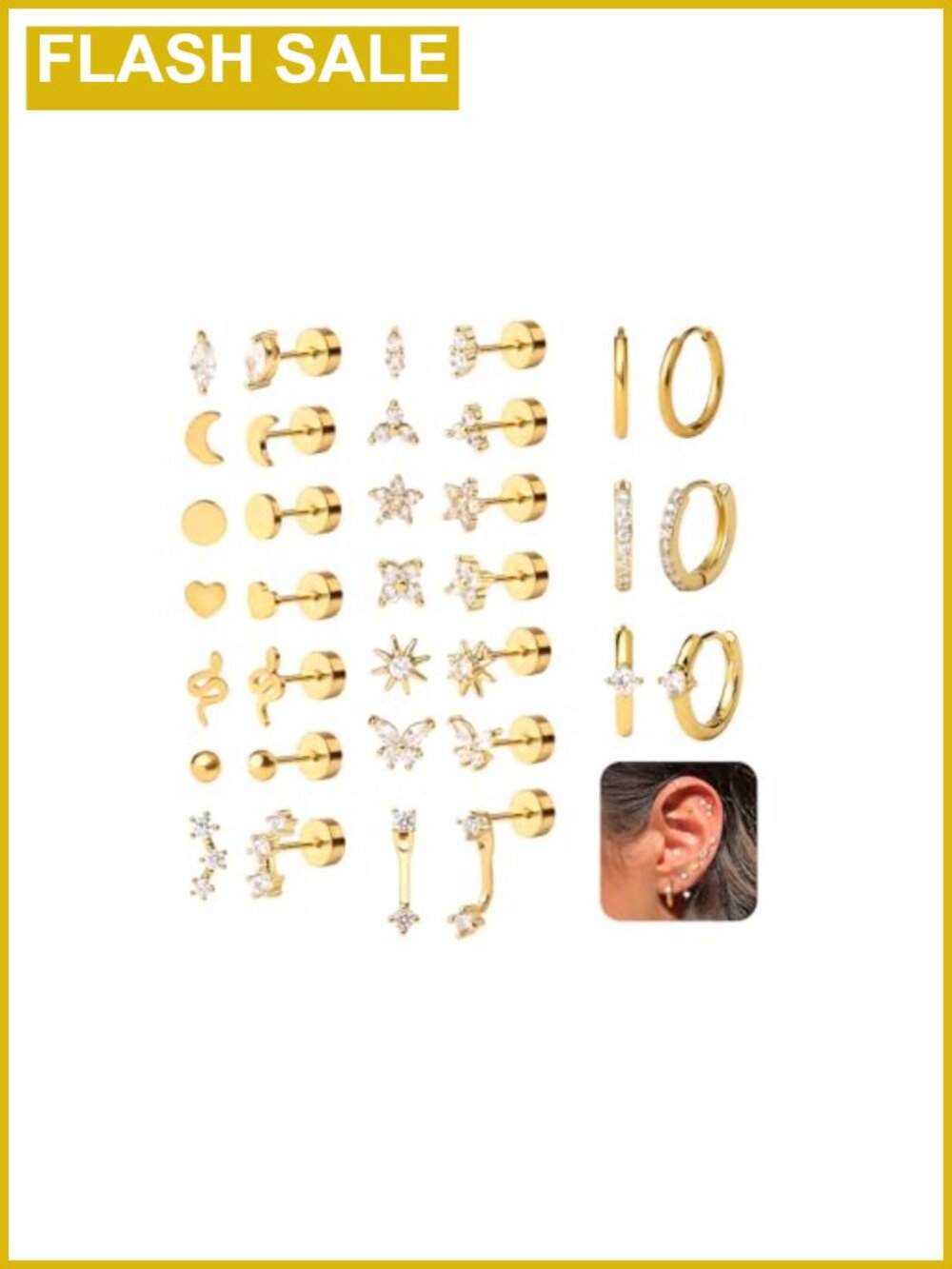 18K Gold Plated Surgical Steel Flat Back Stud & Hoop Earrings Set 17 Pairs